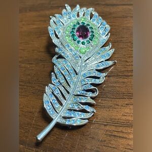 Sparkly estate peacock feather pin brooch signed
